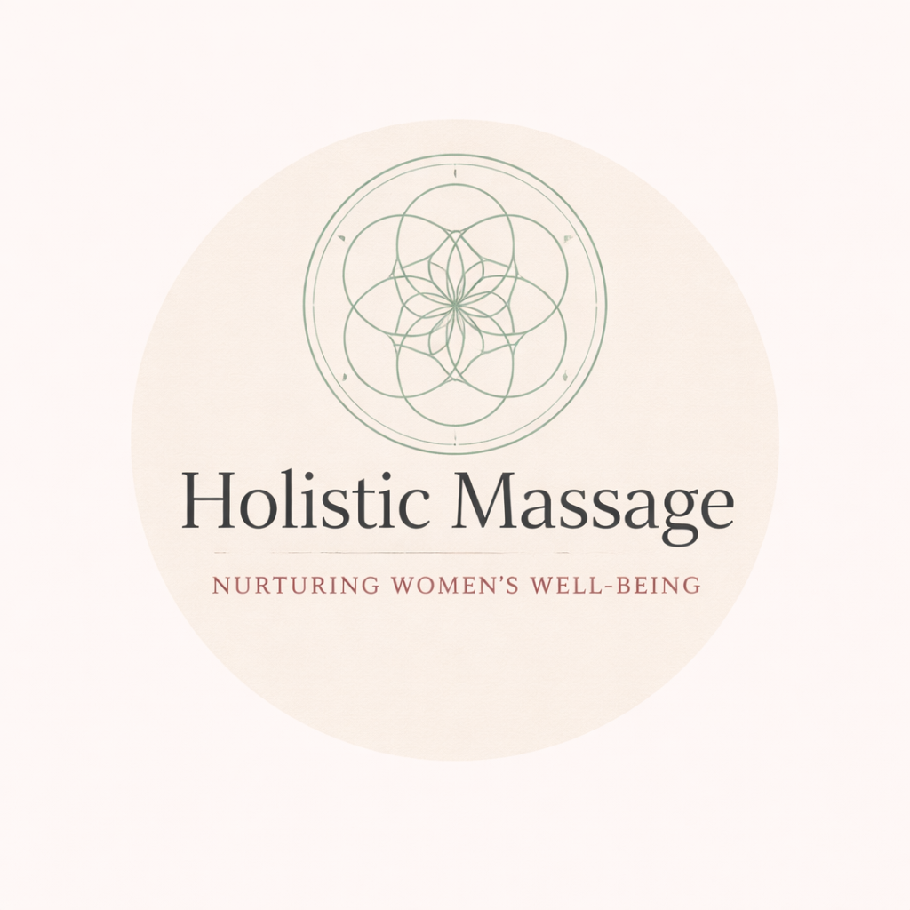 Holistic Massage brand icon with calming sage green flower symbol, women’s well-being focus.