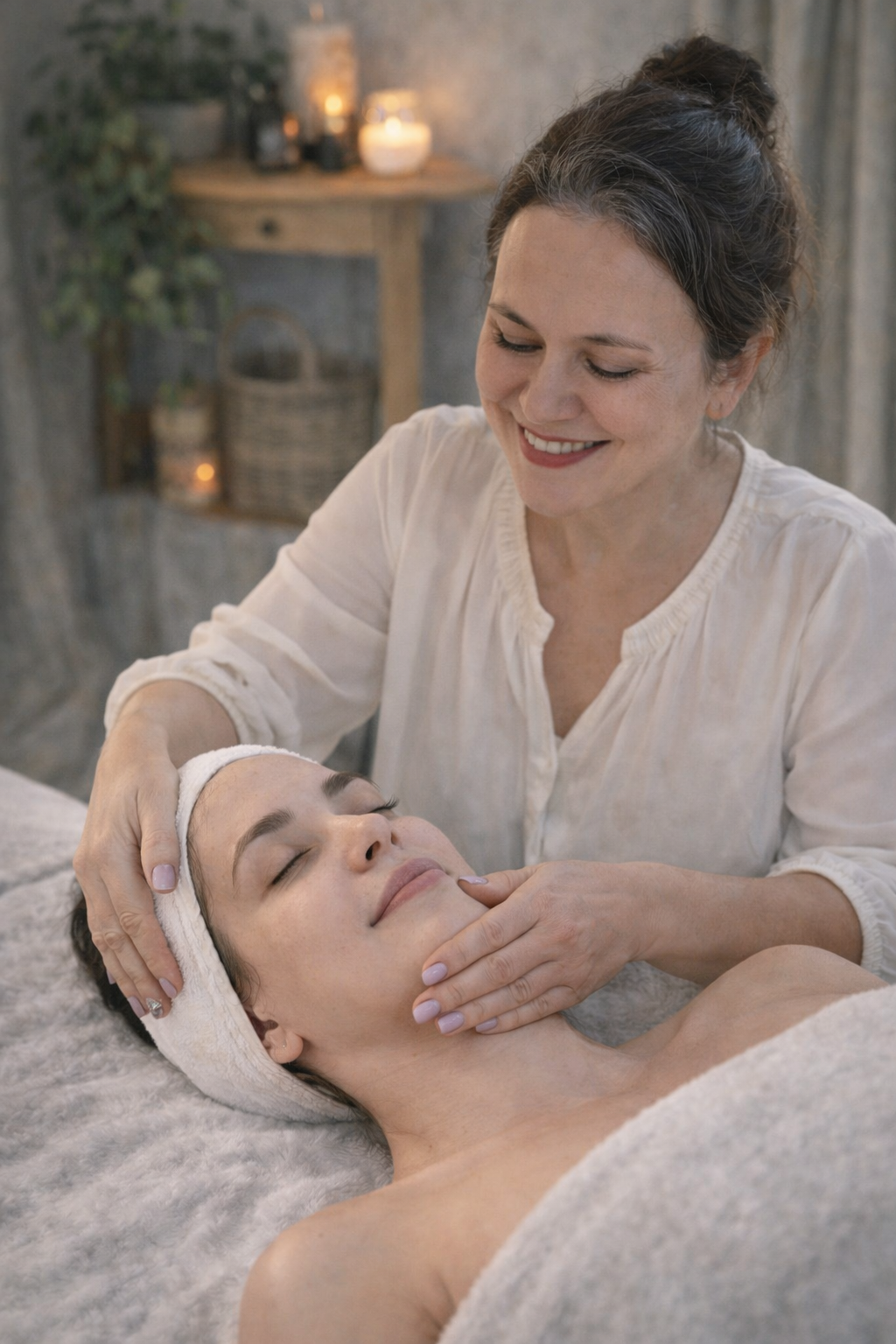 Woman receiving a face massage, with calming serum and gentle hands-on care.